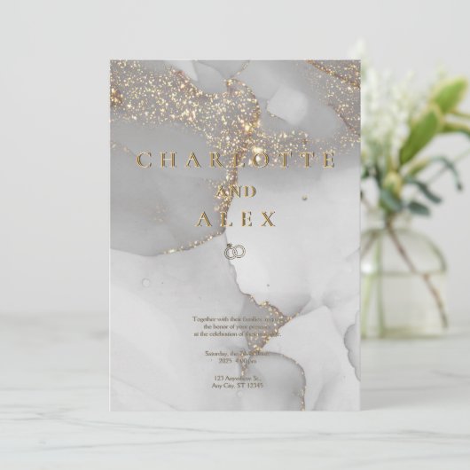 Gray Glitter Chic Alcohol Ink Wedding Invitation 招待状 (スタンド正面)