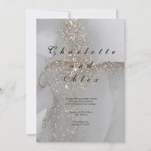 Gray Glitter Elegant Ink Wedding Invitation 招待状 (正面)
