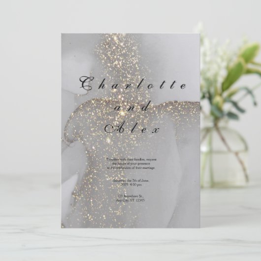 Gray Glitter Elegant  Ink Wedding Invitation 招待状 (スタンド正面)