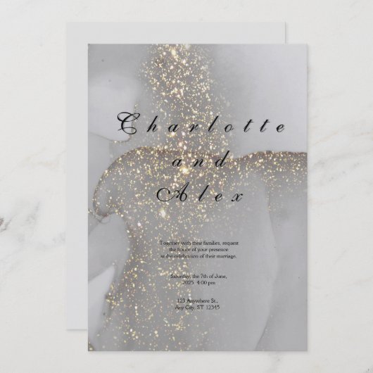 Gray Glitter Elegant  Ink Wedding Invitation 招待状 (正面/裏面)