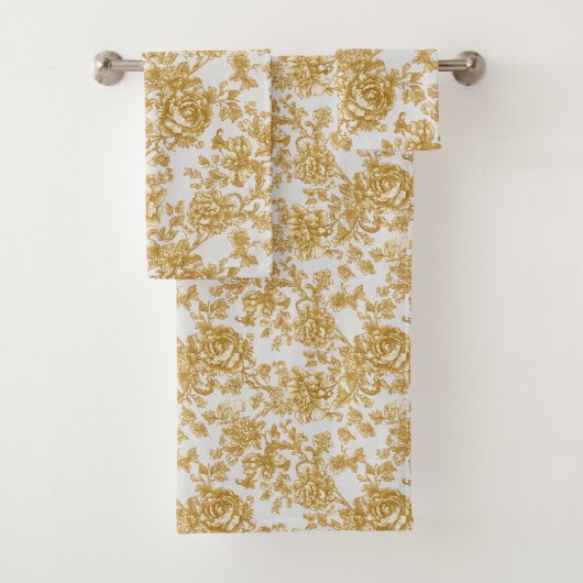 Gray & Gold Floral Damask Peony Rose バスタオルセット (インサイチュ)