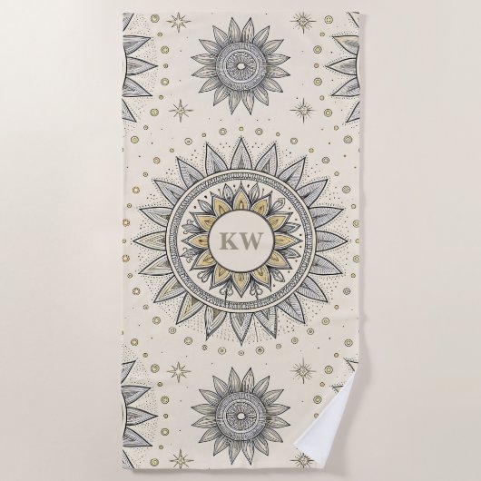 Gray Gold Mandala Pattern ビーチタオル (正面)