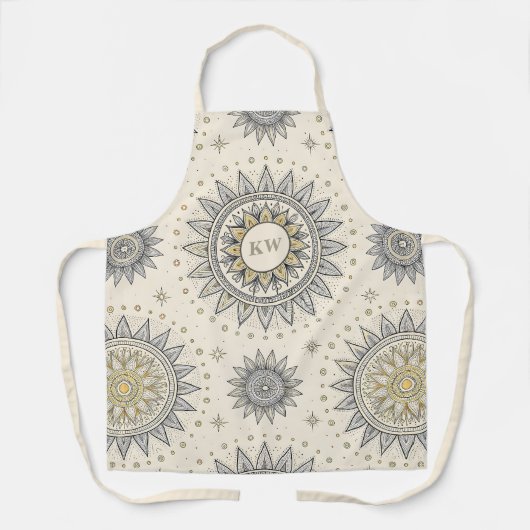 Gray Gold Mandala Pattern Monogram エプロン (正面)
