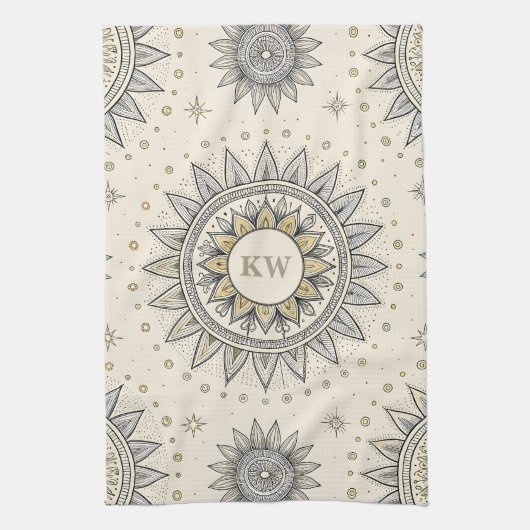 Gray Gold Mandala Pattern Monogram キッチンタオル (縦)