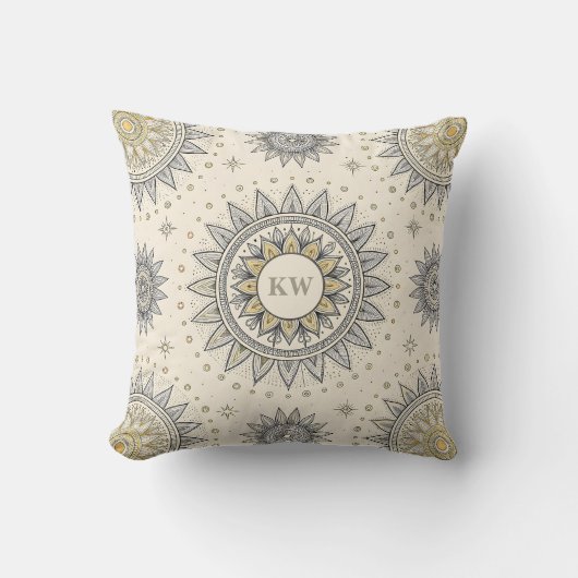 Gray Gold Mandala Pattern Monogram クッション (正面)