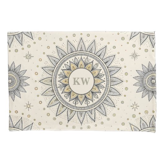 Gray Gold Mandala Pattern Monogram 枕カバー (正面)