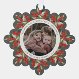 Gray-Green Red Berries+Greenery Christmas Paper オーナメントカード