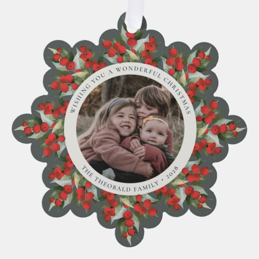 Gray-Green Red Berries+Greenery Christmas Paper オーナメントカード (正面)