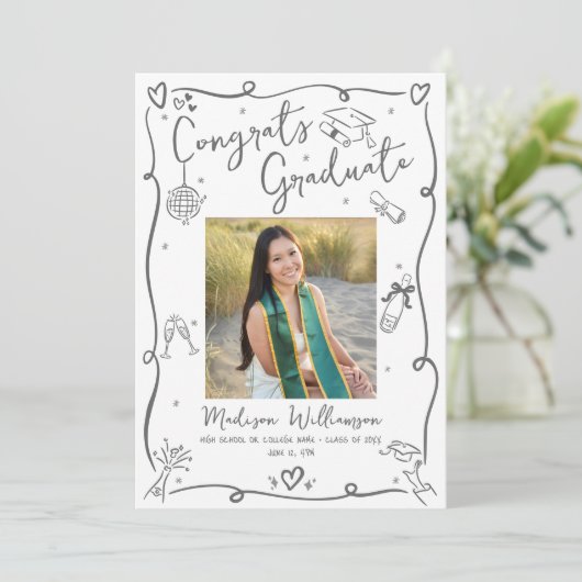 Gray Hand Drawn Doodles Graduation 4 Photo White 案内状 (スタンド正面)