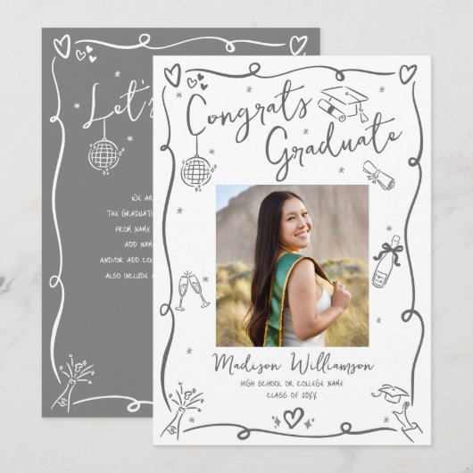 Gray Hand Drawn Doodles Graduation Photo White Fun 案内状 (正面/裏面)