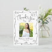 Gray Hand Drawn Doodles Photo Graduation White サンキューカード (スタンド正面)