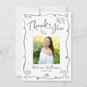 Gray Hand Drawn Doodles Photo Graduation White サンキューカード (正面)