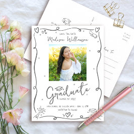 Gray Hand Drawn Doodles Save the Date Grad Photo インビテーションポストカード