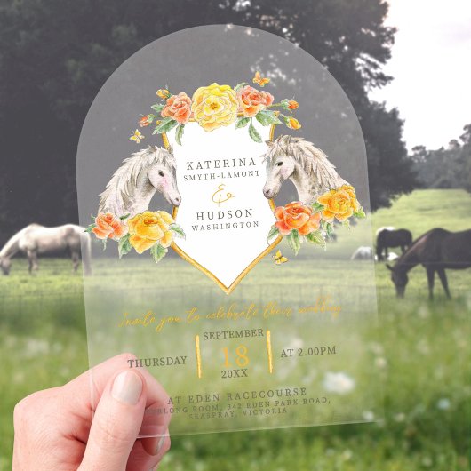 Gray horses and yellow roses monogram wedding arch アクリル招待状