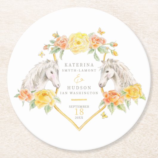 Gray horses and yellow roses monogrammed wedding ラウンドペーパーコースター (正面)