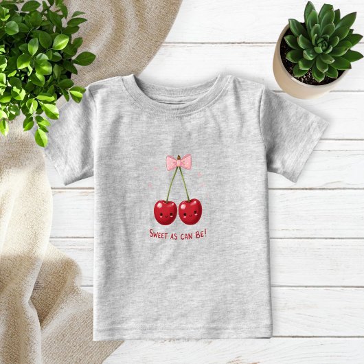 Gray Kids T-Shirt with Cherries and Pink Bow  ベビーTシャツ