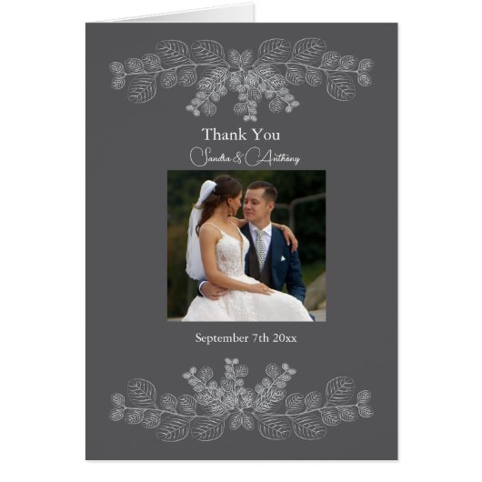  Gray Line Art Eucalyptus Photo Wedding Thank You (正面)