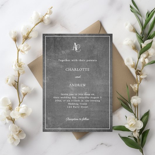 Gray modern monogram rustic wedding 招待状