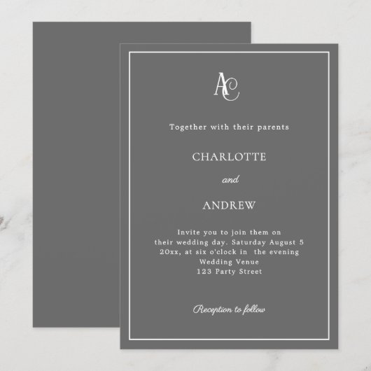Gray modern monogram wedding 招待状 (正面/裏面)
