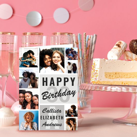 Gray Monogram Photo Collage Happy Birthday Card カード