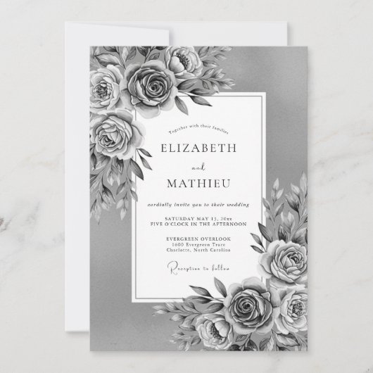Gray Painterly Floral Romance Wedding 招待状 (正面)