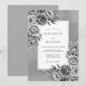 Gray Painterly Floral Romance Wedding 招待状 (正面/裏面)