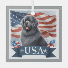 Gray Patriotic Newfoundland Dog Square ガラスオーナメント