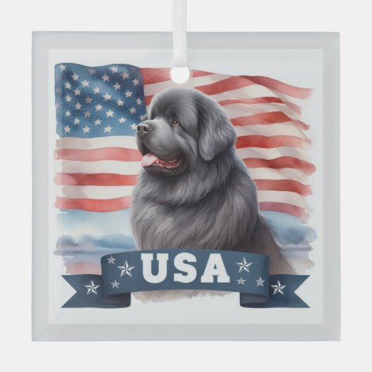 Gray Patriotic Newfoundland Square Glass Ornament ガラスオーナメント (正面)