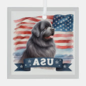 Gray Patriotic Newfoundland Square Glass Ornament ガラスオーナメント (裏面)