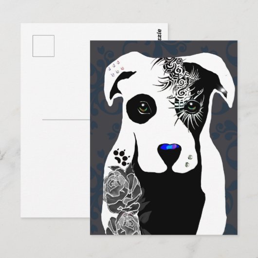 Gray Pit bull dog tattoos and piercing rose  ポストカード (正面/裏面)