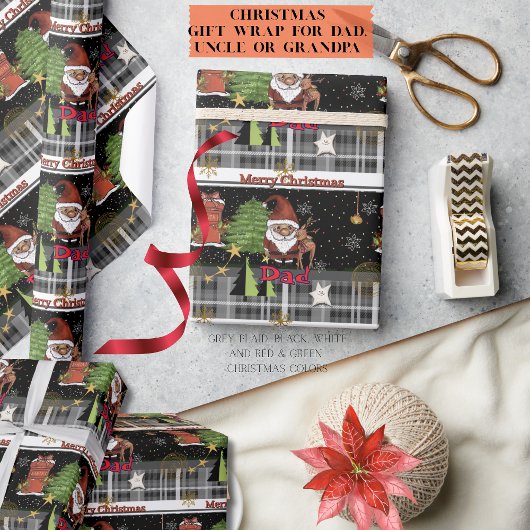  Gray Plaid Santa Christmas Wrapping Paper for Dad ラッピングペーパー