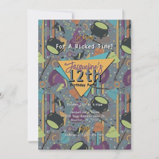 Gray Retro Witchy Halloween Birthday Invitation 招待状 (正面)