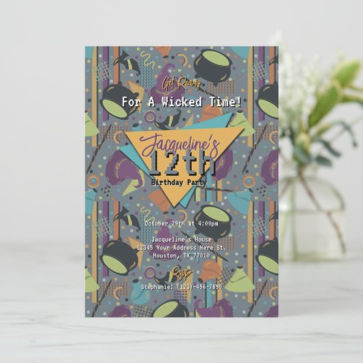 Gray Retro Witchy Halloween Birthday Invitation 招待状 (スタンド正面)