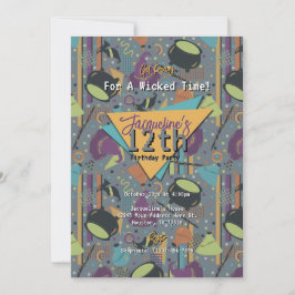 Gray Retro Witchy Halloween Birthday Invitation 招待状