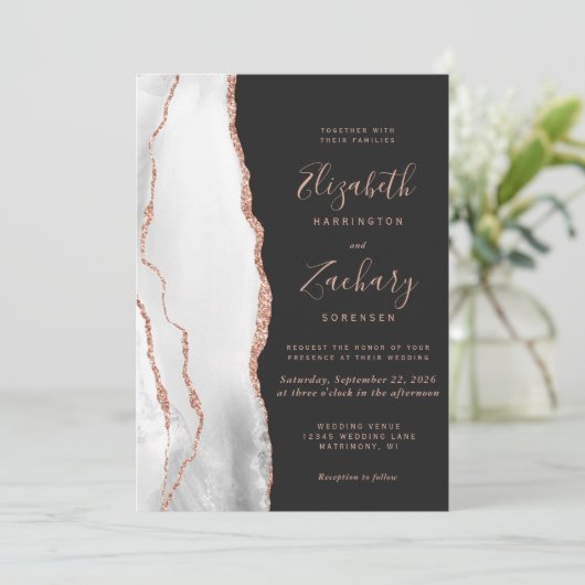 Gray Rose Gold Agate Slate Black QR Code Wedding 招待状 (スタンド正面)