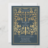 Gray Royal Medieval Gold Sword Wedding QR Code 招待状 (正面)