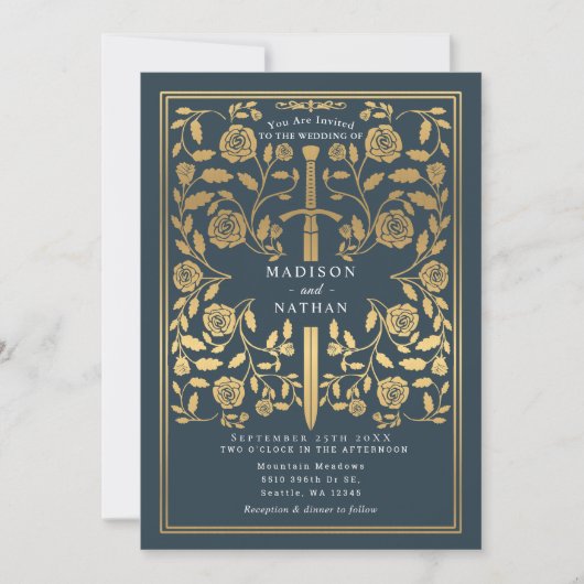 Gray Royal Medieval Gold Sword Wedding QR Code 招待状 (正面)