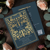 Gray Royal Medieval Gold Sword Wedding QR Code 招待状