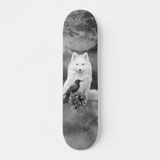 Gray Scale White Fox Fantasy Raven Moon Skate Deck スケートボード (正面)