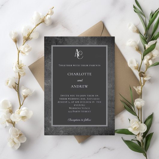 Gray silver modern monogram rustic wedding 箔招待状