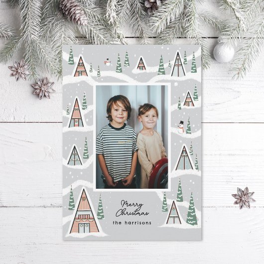 Gray Snowy A-Frames Winter Cabin Photo シーズンカード