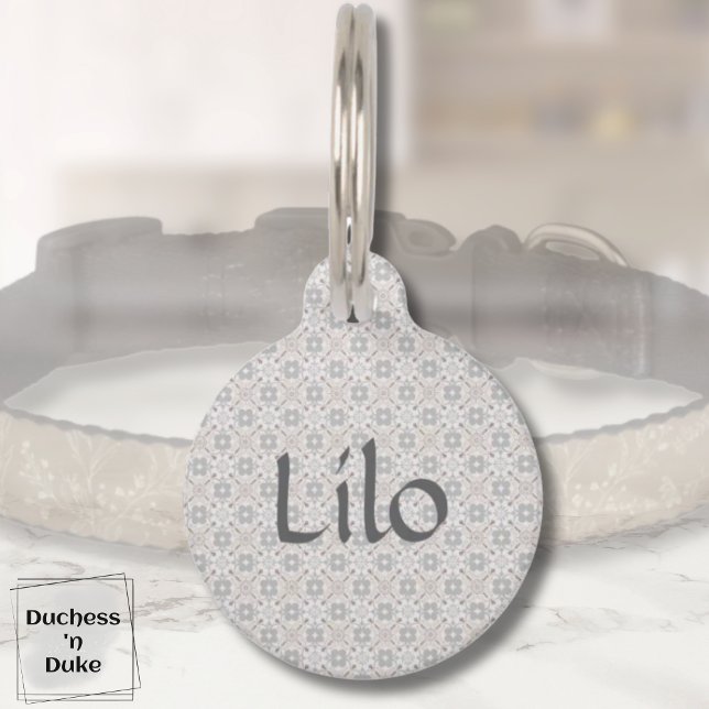 Gray Spanish Tile Personalized  ペット　ネームタグ (Dog Name Tag - Gray Spanish Tile Personalized)