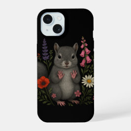 Gray Squirrel Among the Flowers – Dark Cottagecore iPhone 15ケース