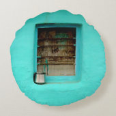 GRAY STEEL CONTAINER ON WINDOW WITH TEAL PAINT ラウンドクッション (裏面)