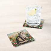 Gray Tabby Cat and Folk Art Flowers スクエアペーパーコースター (インサイチュ)