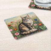 Gray Tabby Cat and Folk Art Flowers スクエアペーパーコースター (アングル)