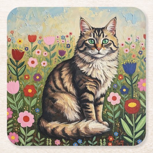 Gray Tabby Cat and Folk Art Flowers スクエアペーパーコースター (正面)