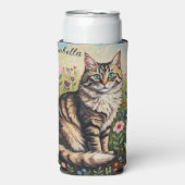 Gray Tabby Cat and Folk Art Flowers  スリム缶クーラー (Seltzer正面)