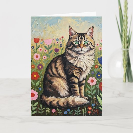 Gray Tabby Cat and Folk Art Flowers Birthday カード (正面)