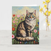 Gray Tabby Cat and Folk Art Flowers Birthday カード (黄色い花)
